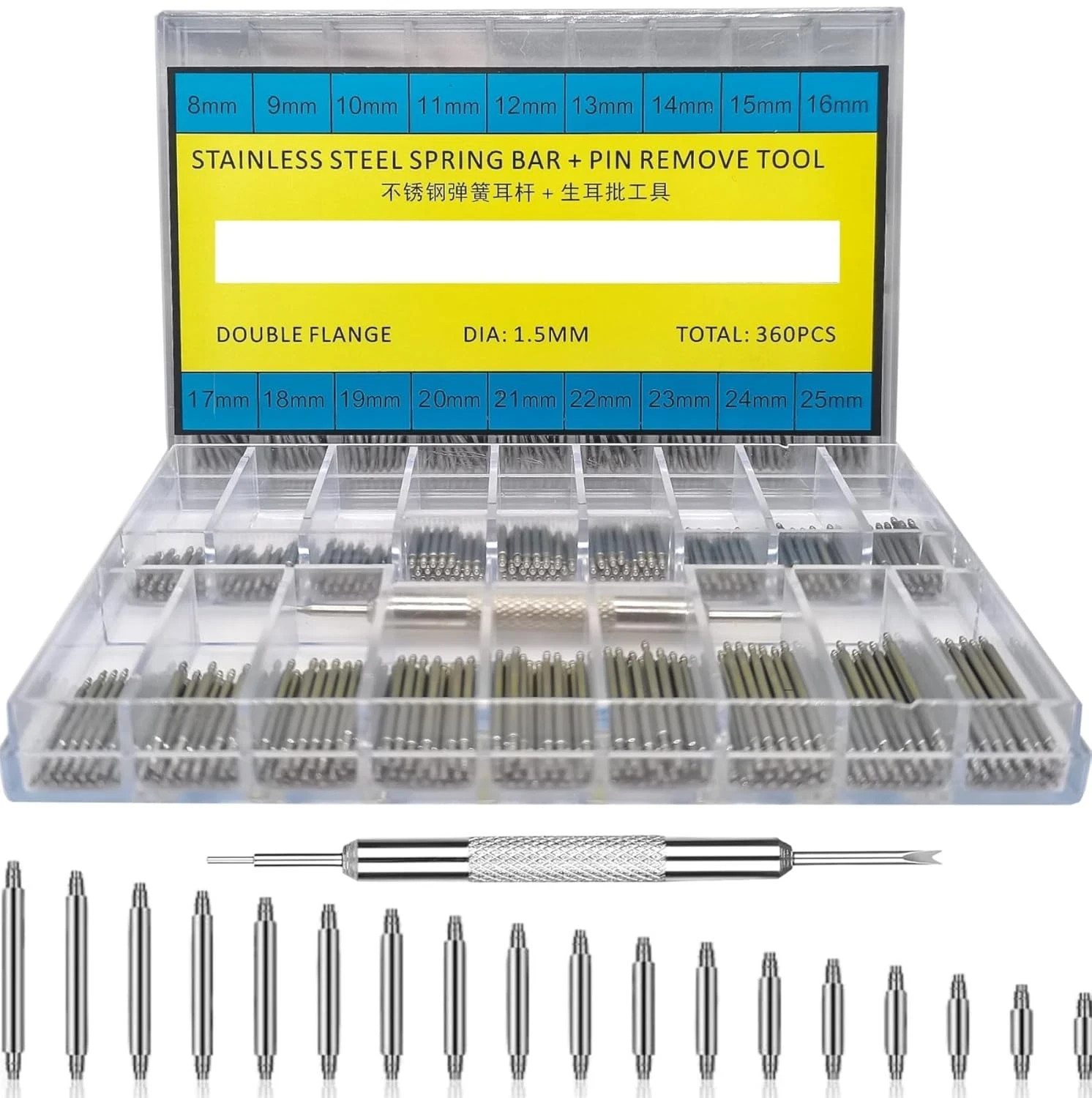 360 Pcs Watch Band Pins (8-25Mm) + Spring Bar Tool and Strap Link Pin Remover