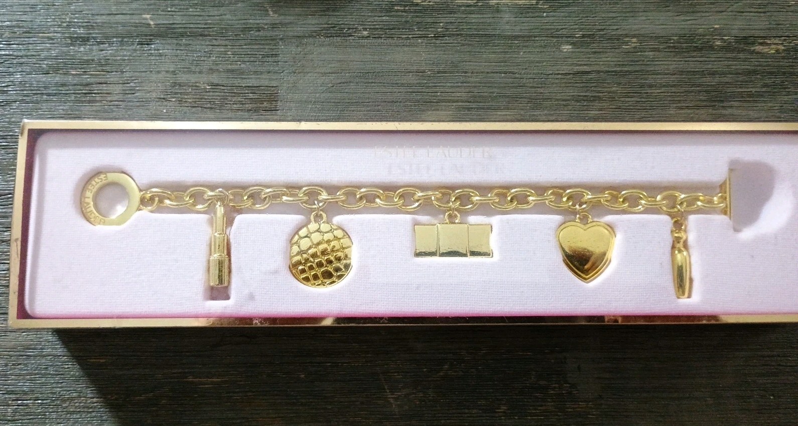 Estee Lauder Gold Tone Charm Bracelet The Golden Icons Heart Lipstick New