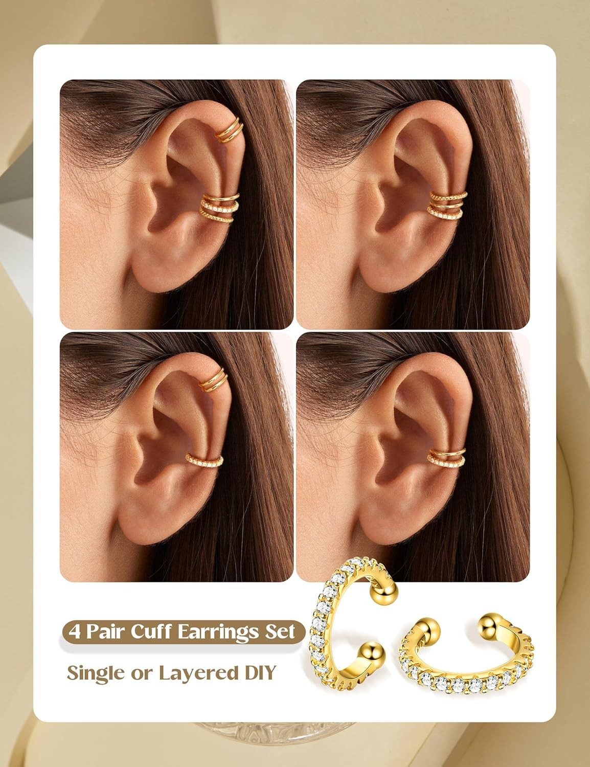 4 Pairs Ear Cuffs Non Piercing – 14K Gold Plated Ear Cuff Earrings for Women Ear