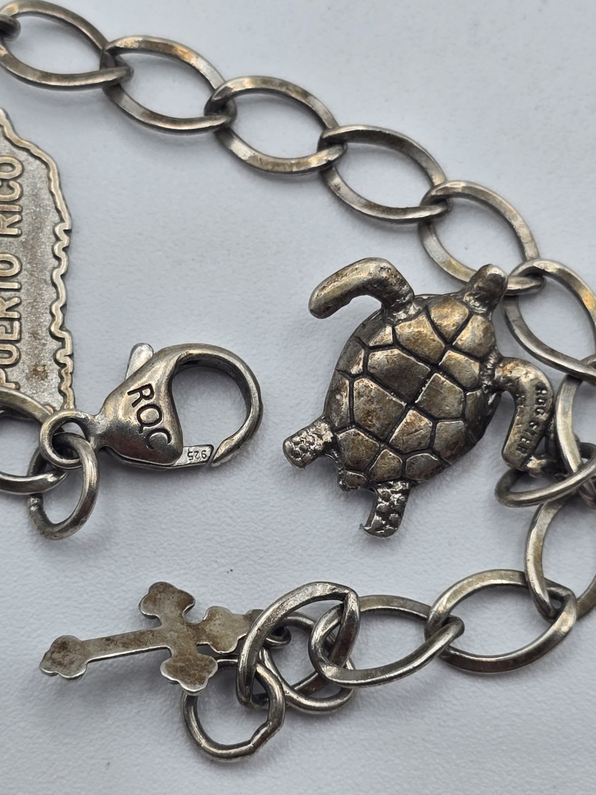 Vintage Sterling Silver Travel Charm Bracelet 7″ Puerto Rico Sea Turtle Cross…