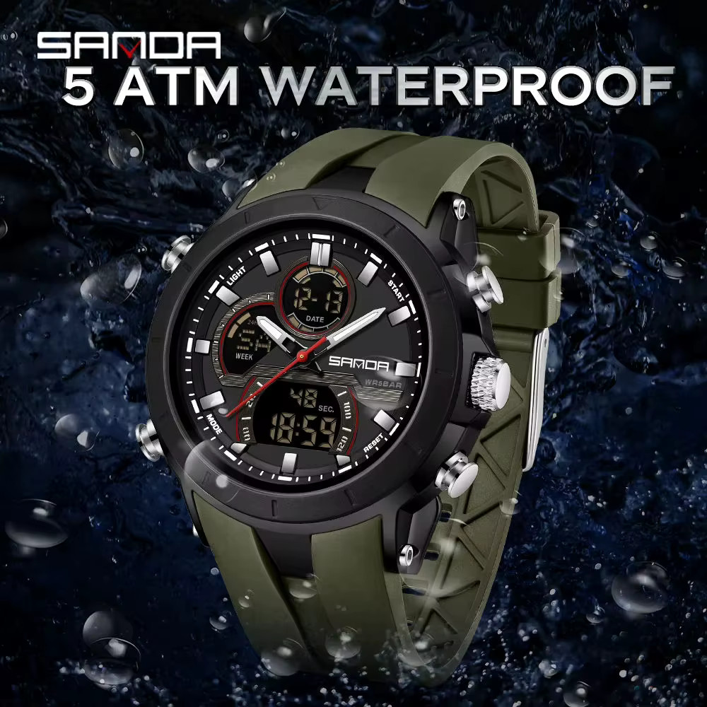 SANDA 6279 Hot Sale Digital Watch for Man Dual Display Large Dial Auto Date Lumi