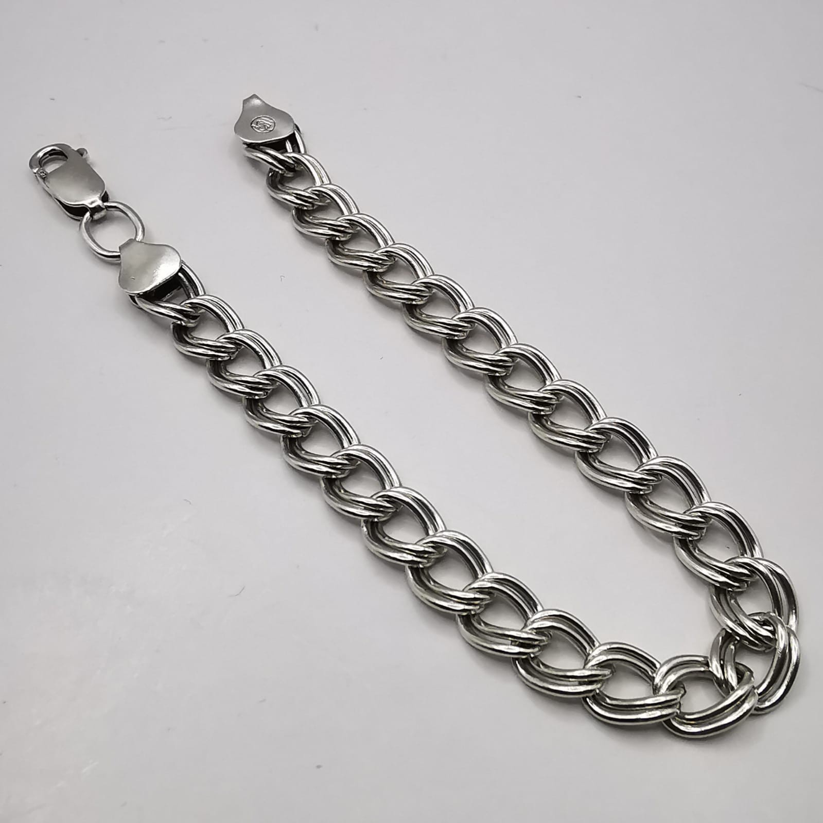 925 Sterling Silver Double Link Curb Charm Chain Bracelet 9.84g Lobster Clasp