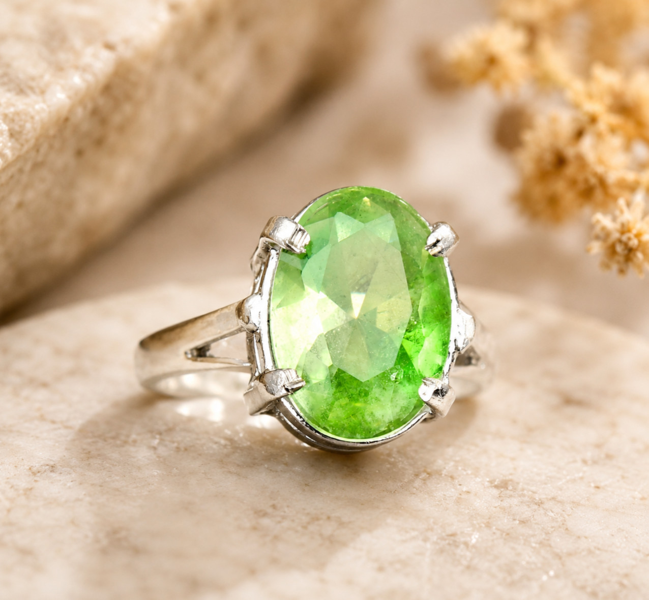 Green Peridot Gemstone 925 Sterling Silver Handmade Jewelry Ring Gift For