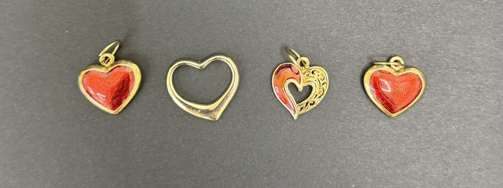 Lot of 4 Gold tone & Enameled Heart Pendants Approx. 0.75″ diameter