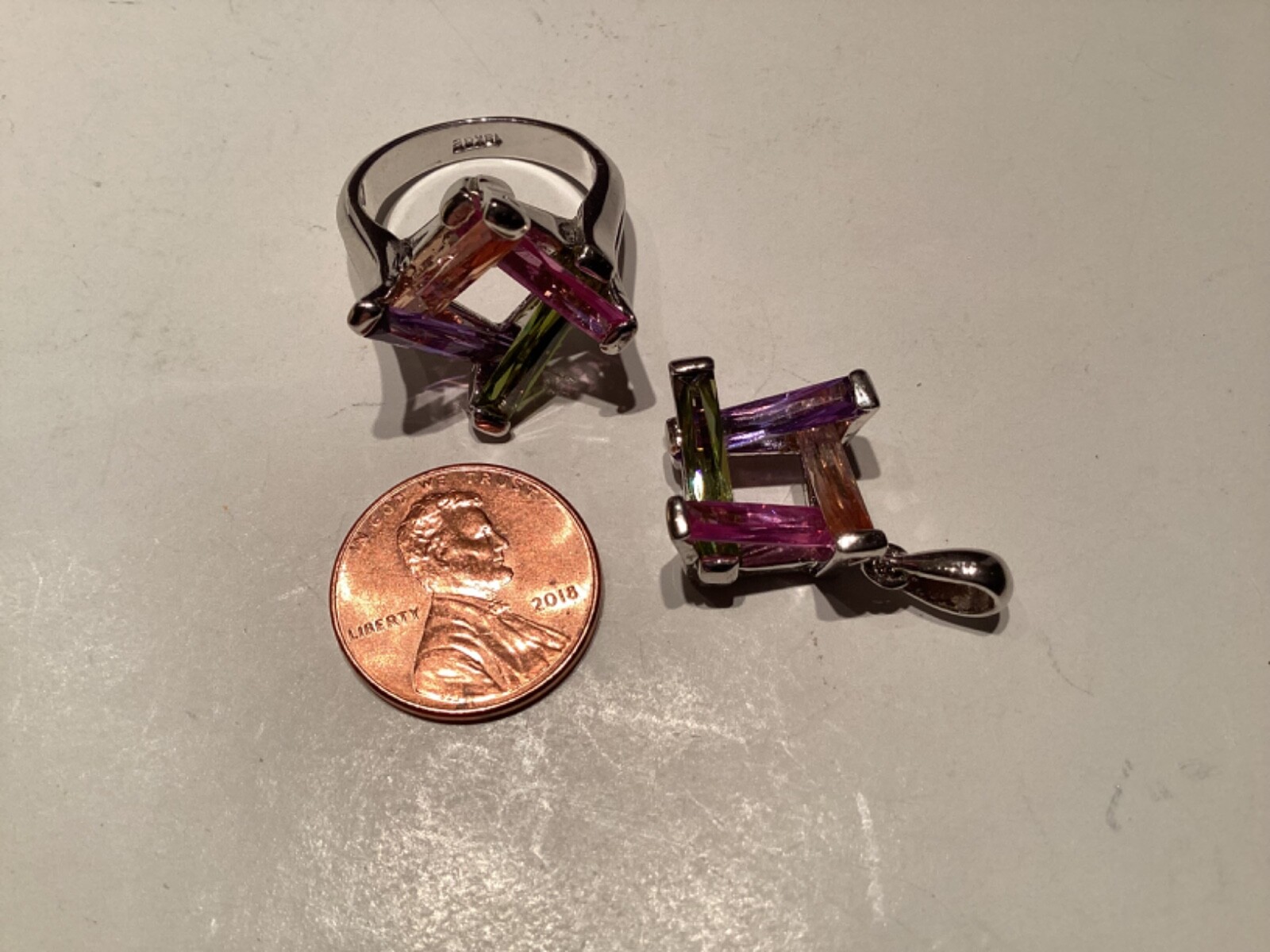 Multicolor Gemstone Ring and Matching Pendant in White Gold