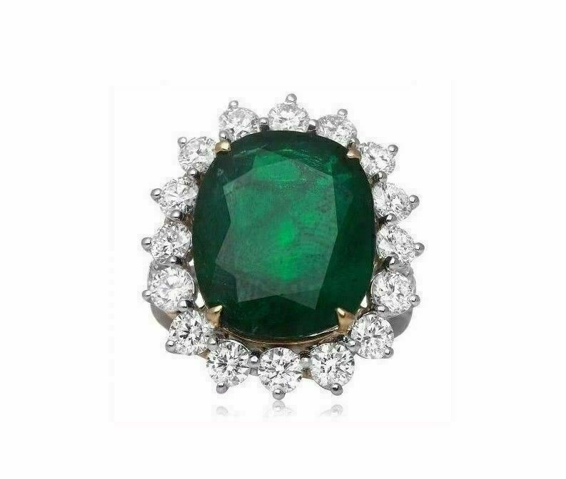 GIA CERTIFIED 15.02CT DIAMOND & AAA EMERALD 18K 2 TONE GOLD HALO ENGAGEMENT RING