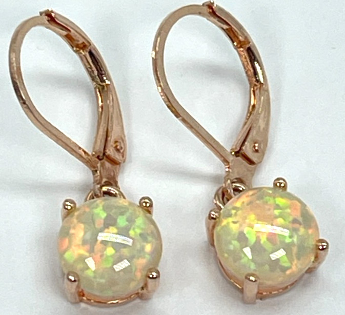 Earrings. Rose Gold Tone White Multicolor Reflective Opal Leverback w/1″ Drop