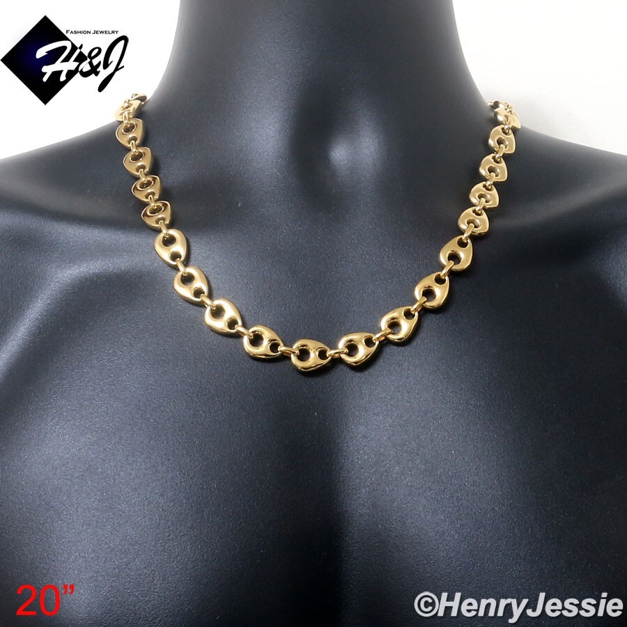 18″-40″MEN Stainless Steel 12mm Gold Plated Puffed Mariner Chain Necklace*GN170
