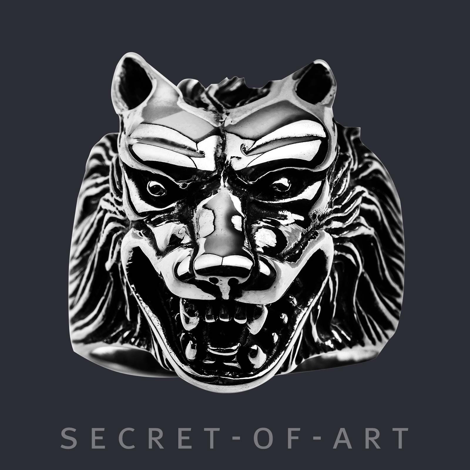 Wolf Ring Silver 925 huge 3D Wolfhead Biker Rocker Mens jewelry US-size 8-13