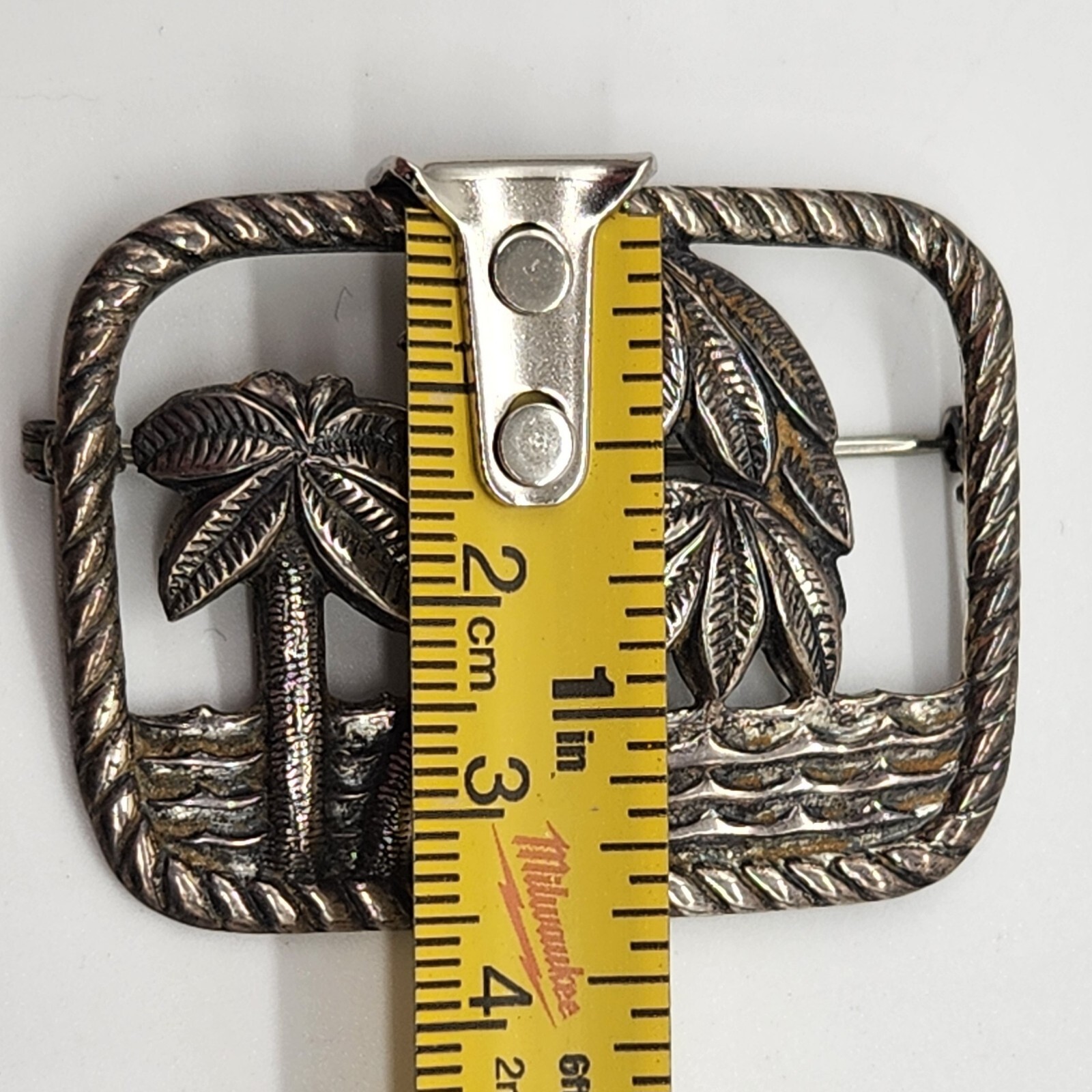 Danecraft 1940s Sterling Brooch – Three Palm Trees Seascape, Signed, 2″