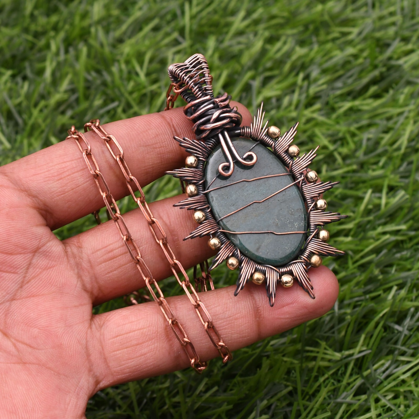 Blood Stone Gemstone Copper Wire Wrap Handmade Jewelry Pendant 2.28″