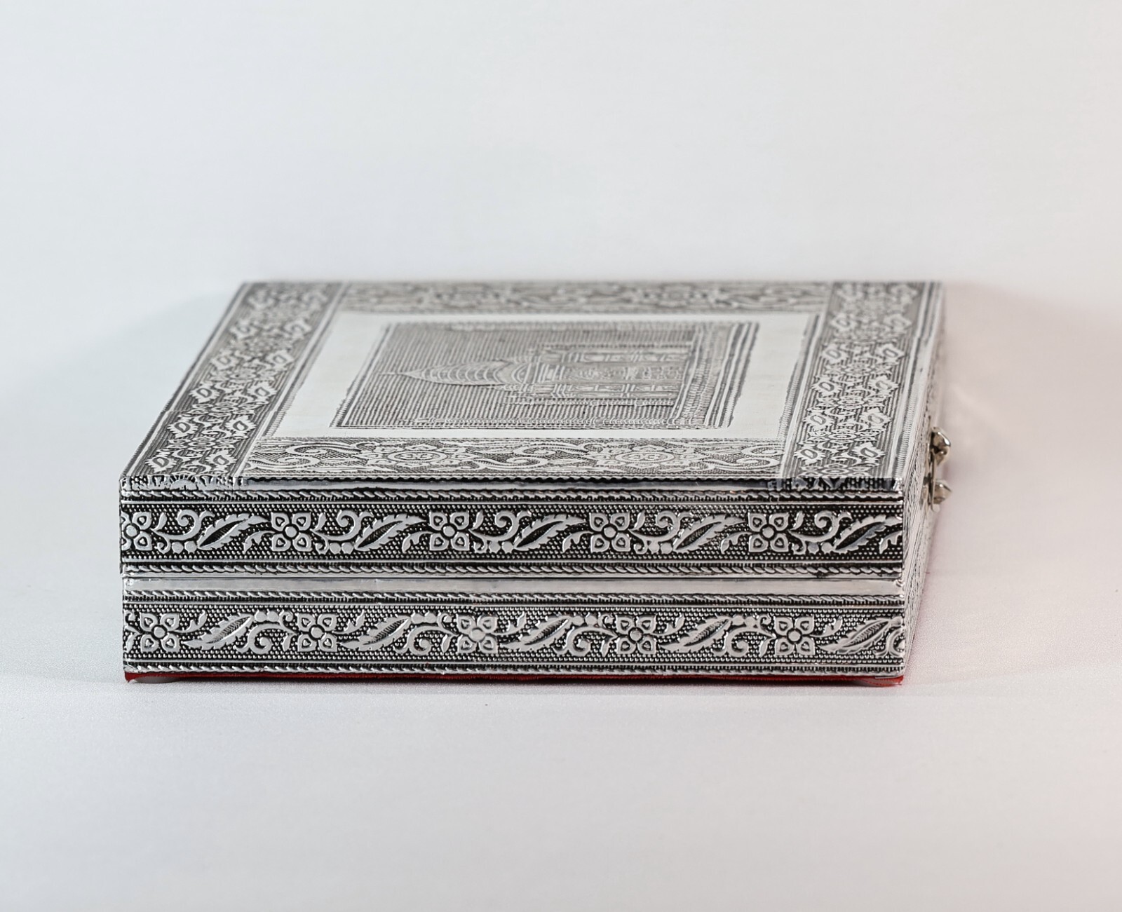 Vintage Silver Tone Taj Mahal Ring Jewelry Box Red Velvet Lined Mirror Large