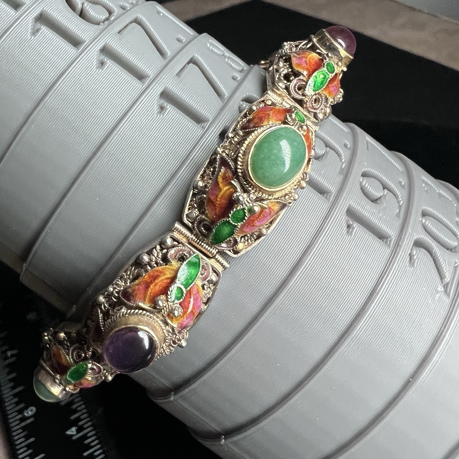 Vintage Chinese Export Silver Vermeil Filigree Enamel Bracelet 7.25″ 34g