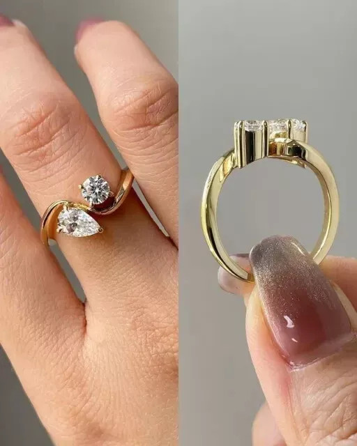 Pear and Round Cut Moissanite Toi Et Moi Engagement Ring 14K Yellow Gold Plated
