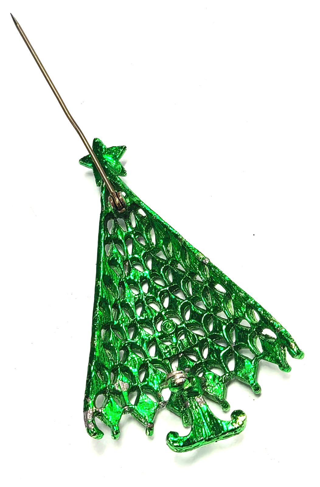 Vintage 70’s Signed MYLU Green Enamel & Rhinestone Christmas Tree Pin / Brooch