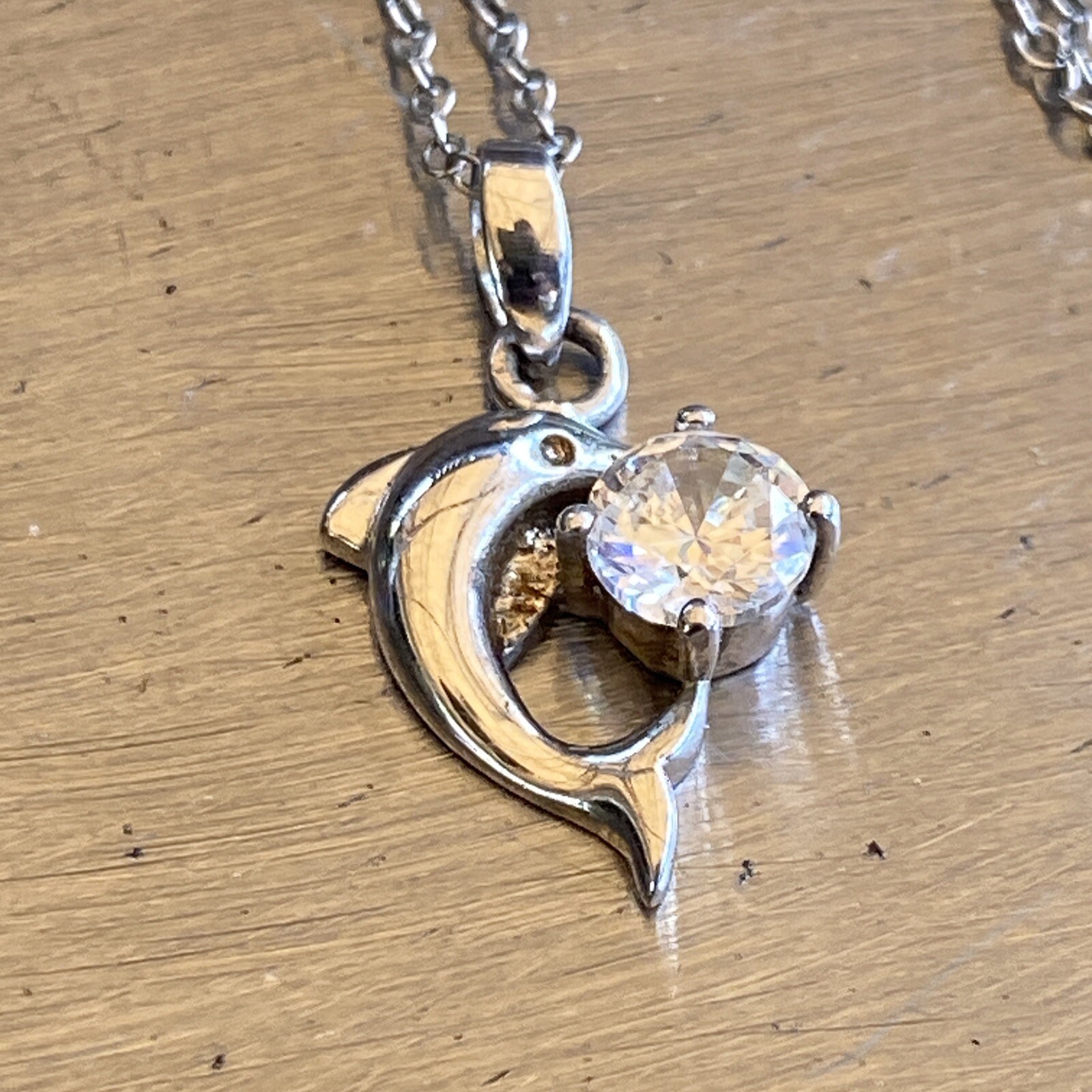 Sterling Silver ATI Dolphin And Stone Pendant 18” Necklace