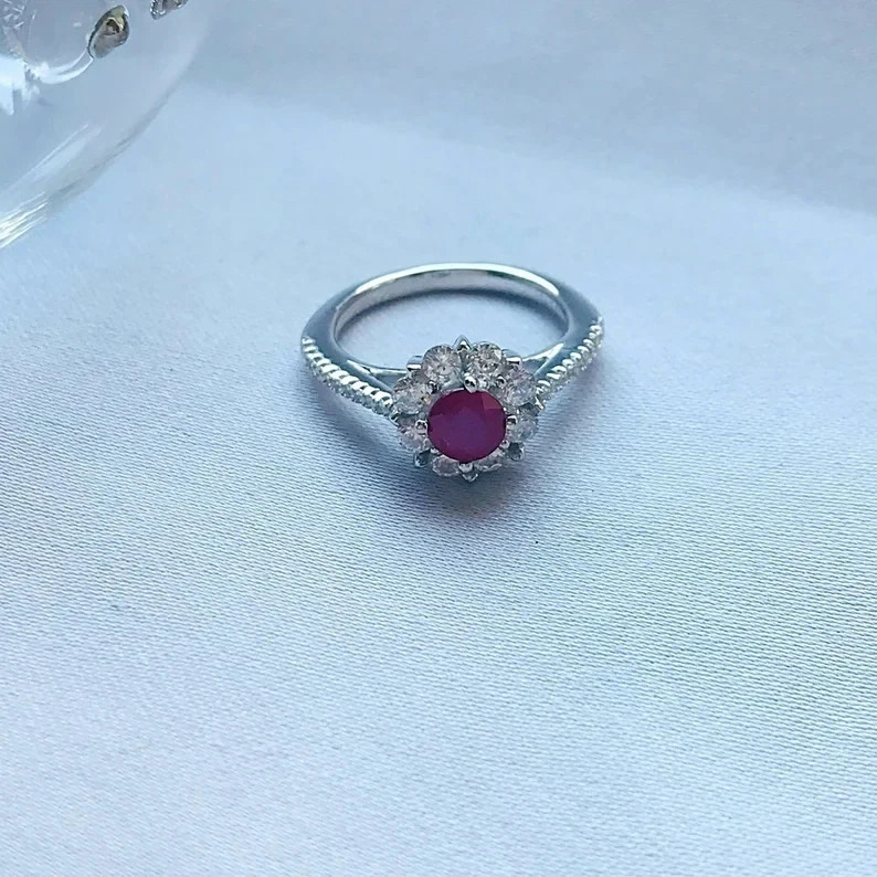 1.60 Ct Round Cut Natural Ruby & Diamond Wedding Ring Sterling Silver
