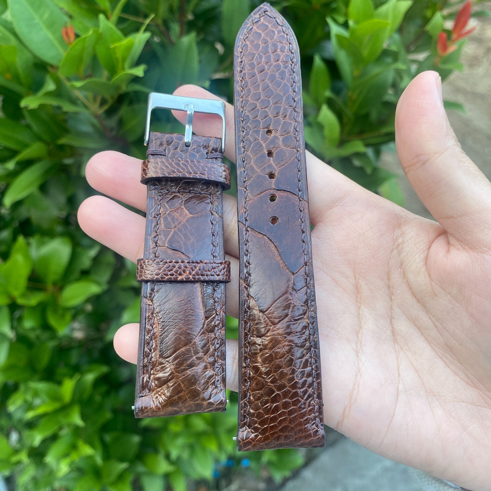 Dark Brown Ostrich Leather Watch Band Customized Watch Strap Silver Buckle