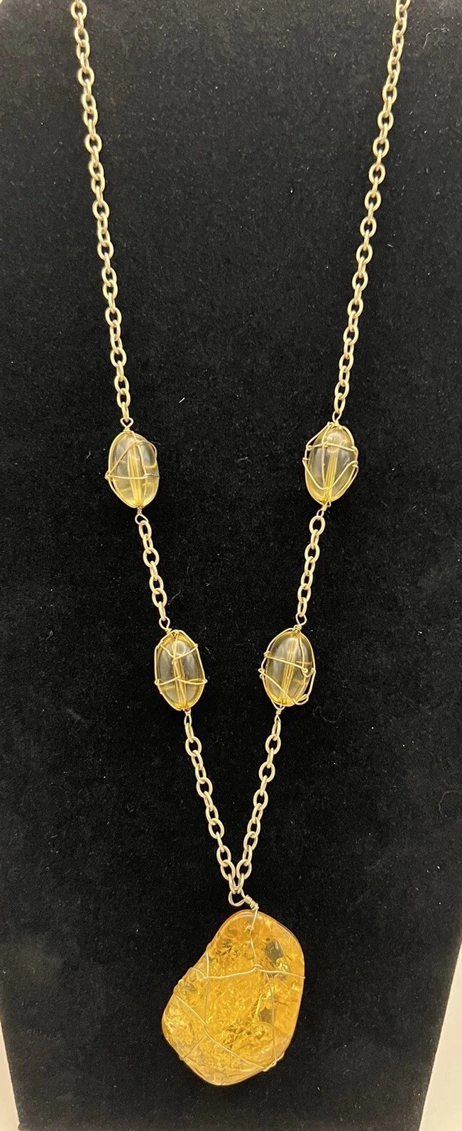 Vintage Wire Wrapped Faux Citrine Stone Necklace Yellow Beads Gold Tone Chain