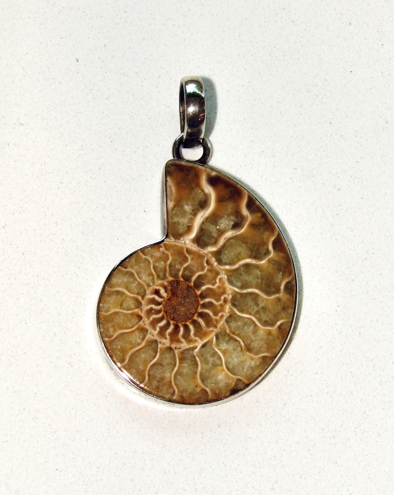 SAJEN 925 STERLING SILVER 925 AMMONITE BROWN SHELL FOSSIL 2.25” PENDANT SJ