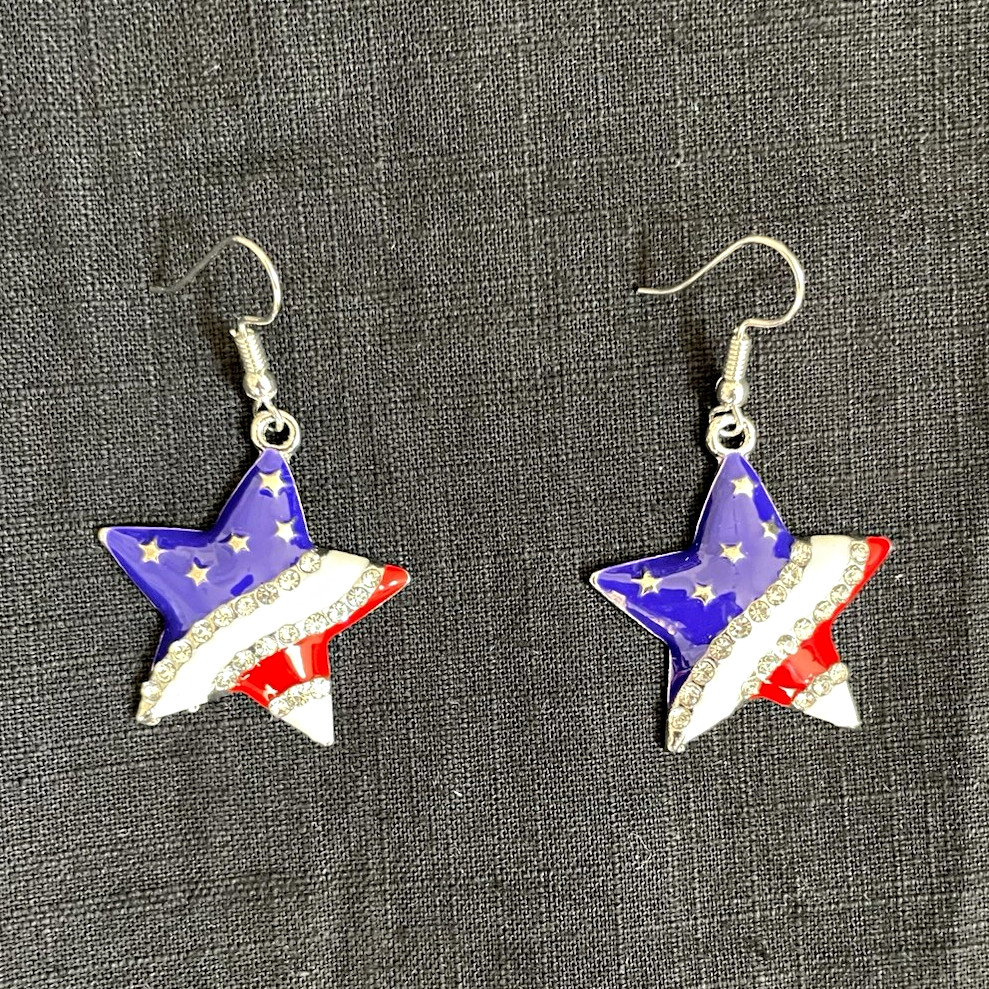 Patriotic Star Dangle/Drop Hook Earrings Red White Blue Enamel No Stone