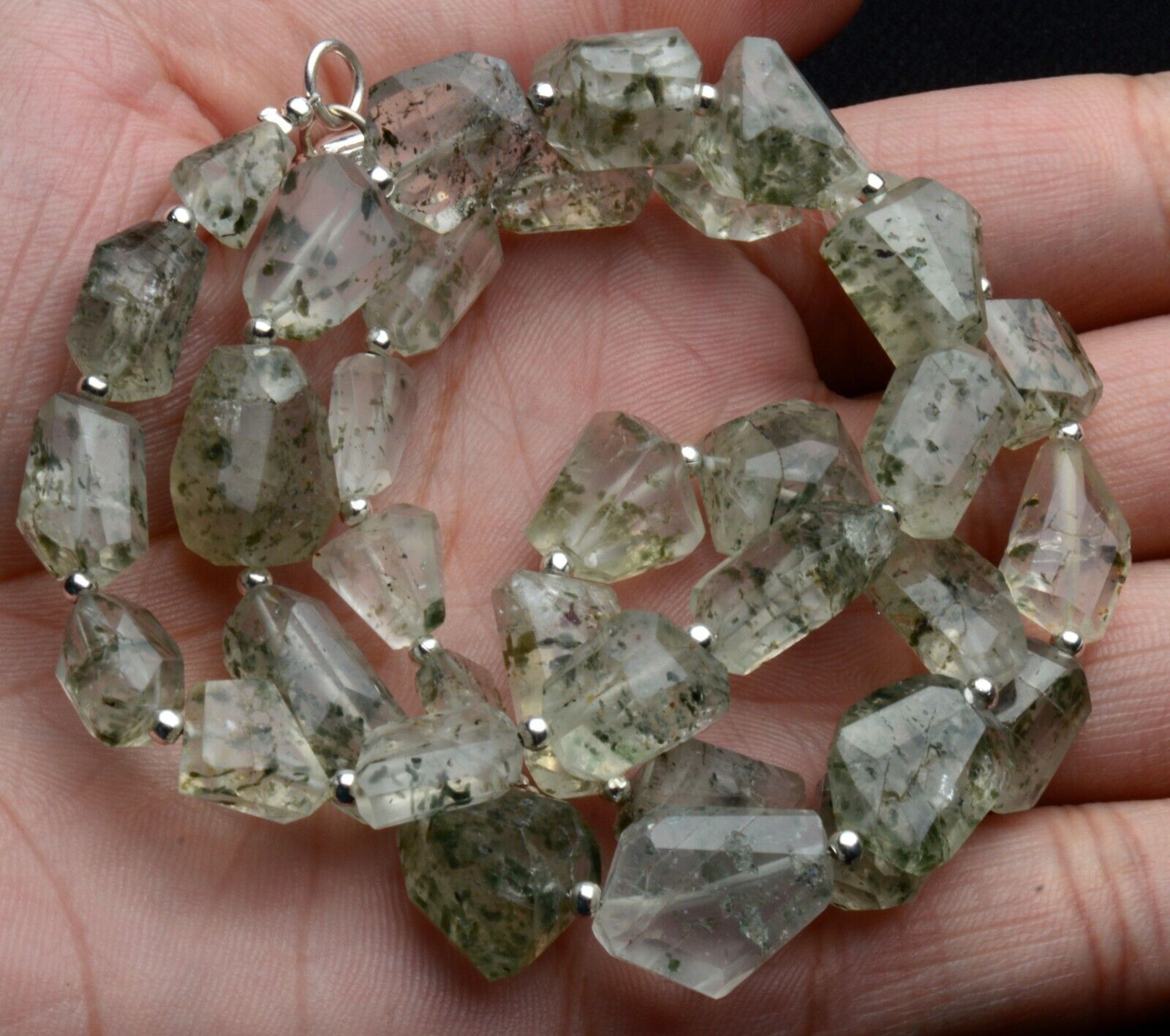 Mica Green Rutile in Quartz 7 to 15 mm Size Faceted Nugget Beads Necklace 19″