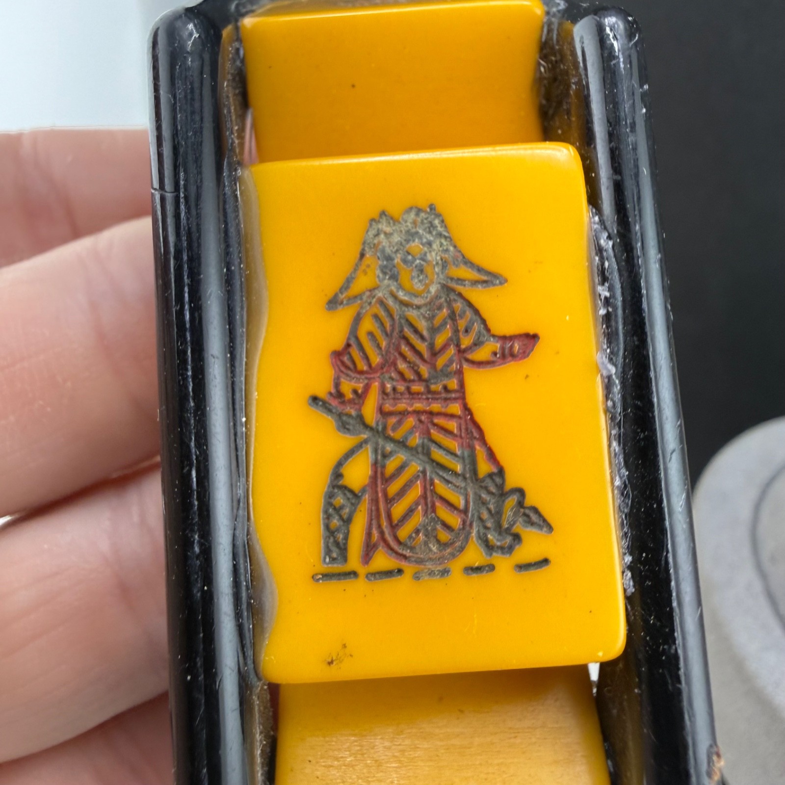 Vintage Mahjong Tile Bracelet Butterscotch Black Chinese Character Bangle