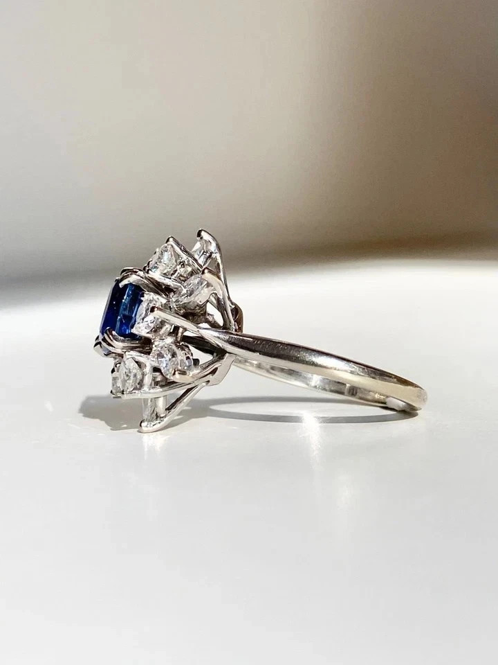 Diamond Wedding Ring 14K White Gold 2.70Ct Cushion Natural Blue Sapphire Size6 7