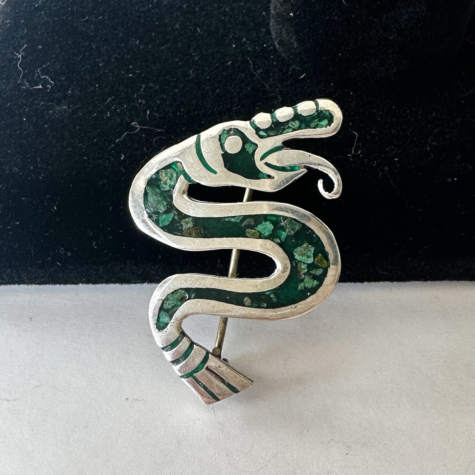 Vtg TAXCO Mexico Quetzalcoatl Serpent Sterling Silver Brooch Malachite Mosaic