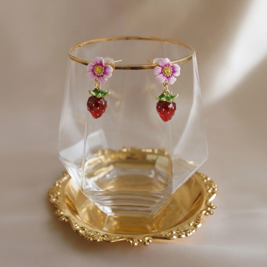 Strawberry Flower Earrings Enamel Stud Gold Blossom French Designer Kate Spade