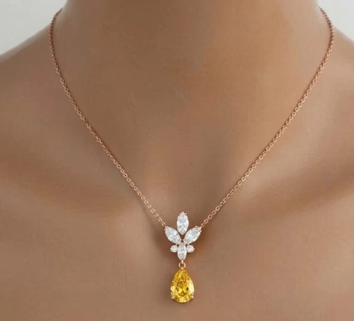 4ct Pear Cut Simulated Citrine/Diamond Pendant Necklace 14k Yellow Gold Plated