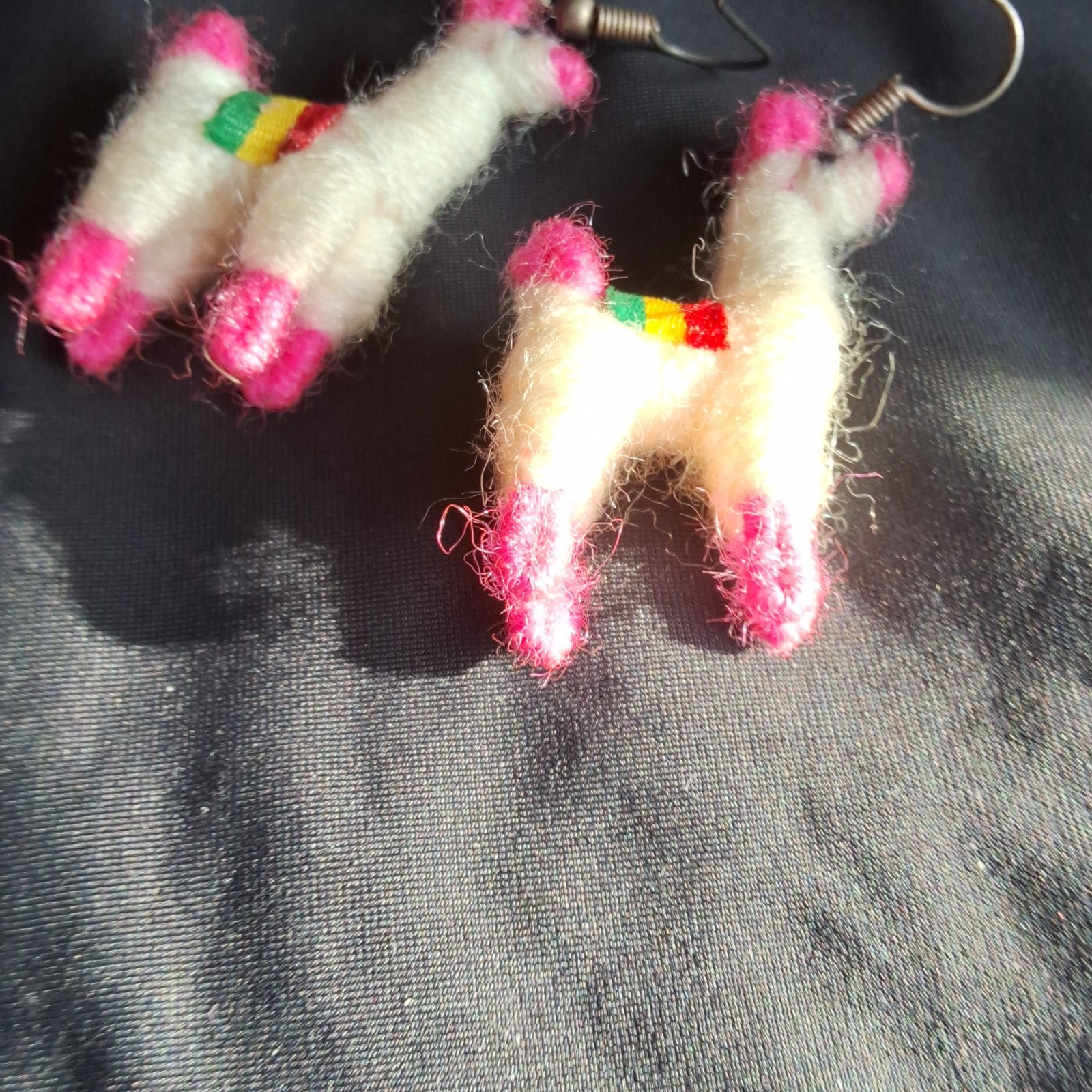 Handcrafted Wool Dangle Earrings White Pink Multicolor Llama French Wire Animal