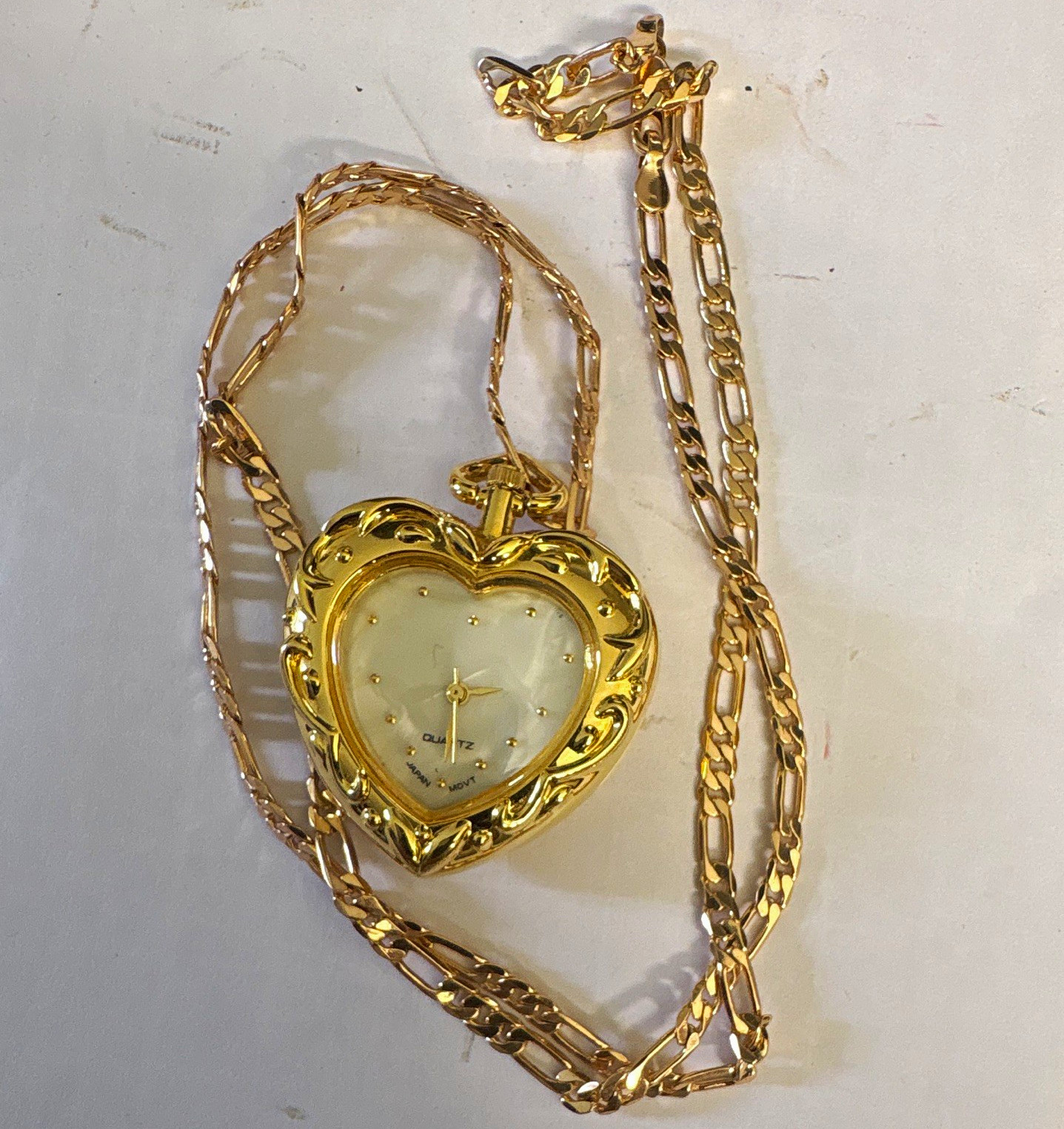 Gold Tone Heart Locket Pendant Necklace Quartz Japan Movt Figaro Chain