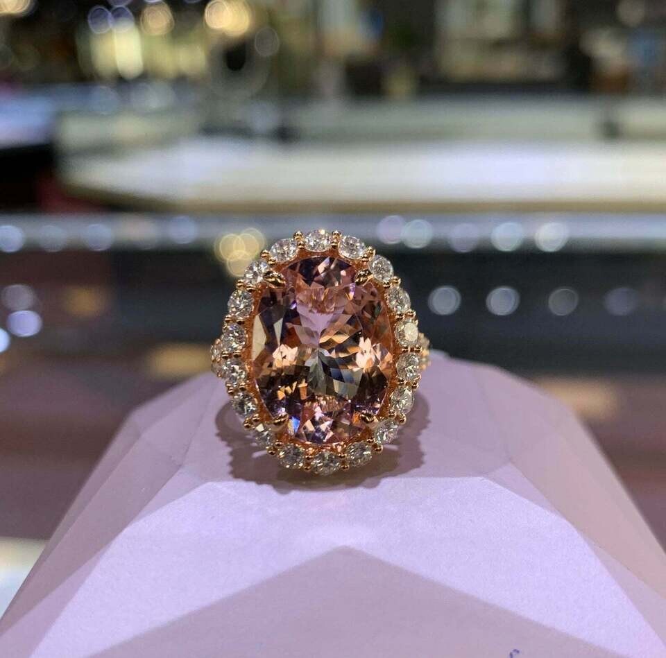 4Ct Oval Cut Morganite and Diamond Halo Engagement Ring In 14K Rose Gold Finish