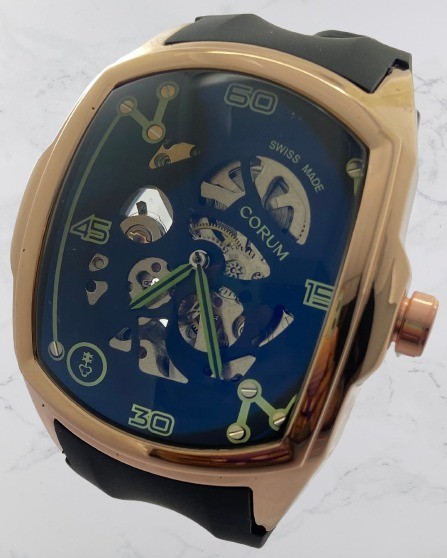 Beautiful Corum Skeleton Black Dial Automatic Working Wristwatch Rubber Strap