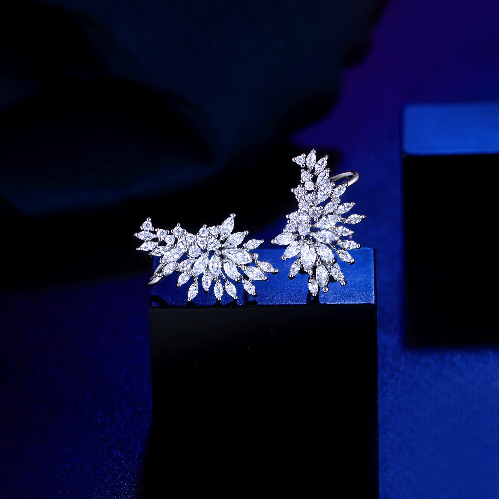 Silver Plated Symmetrical Cubic Zirconia Ear Cuff Climber Wedding Stud Earrings