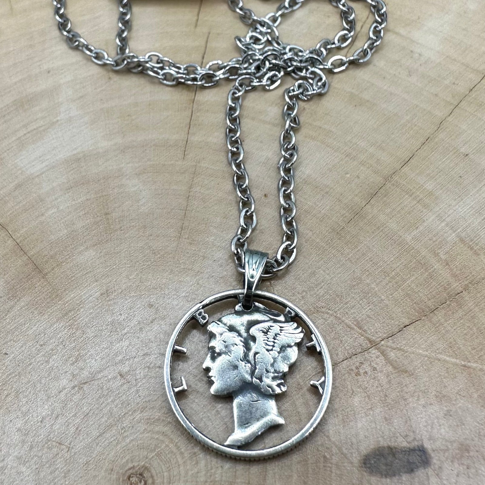 Antique U.S. Silver Mercury Dime Hand Cut Coin Necklace Pendant 18″ NEW