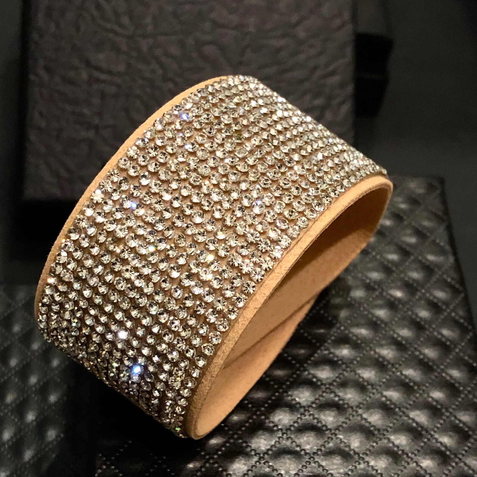 Swarovski Elements Crystal Wrap Bracelet Tan Alcantara Leather Wide Bling Cuff