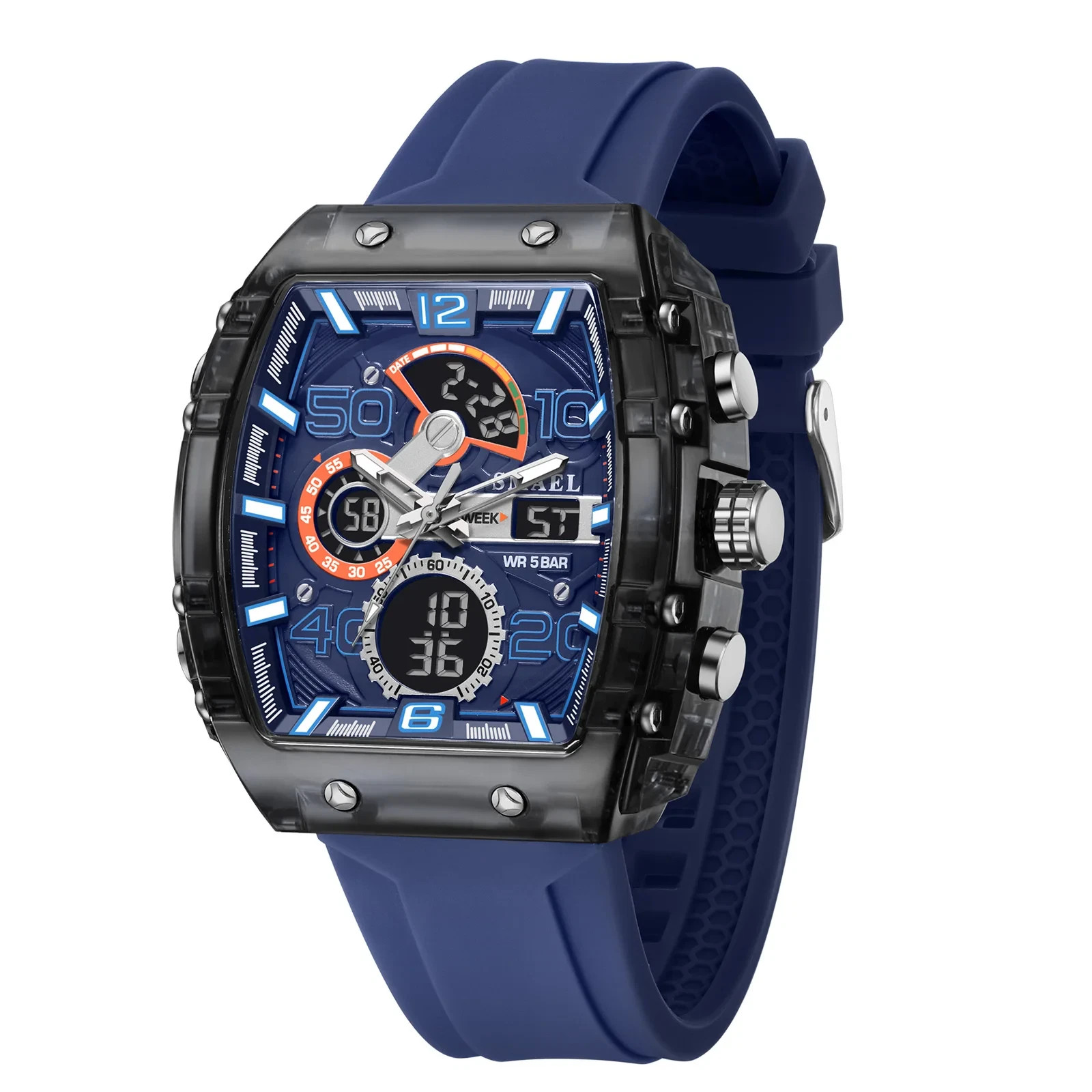 Fashion Men’s Electronic Watch Square Dual Display Waterproof Luminous Multi-Col
