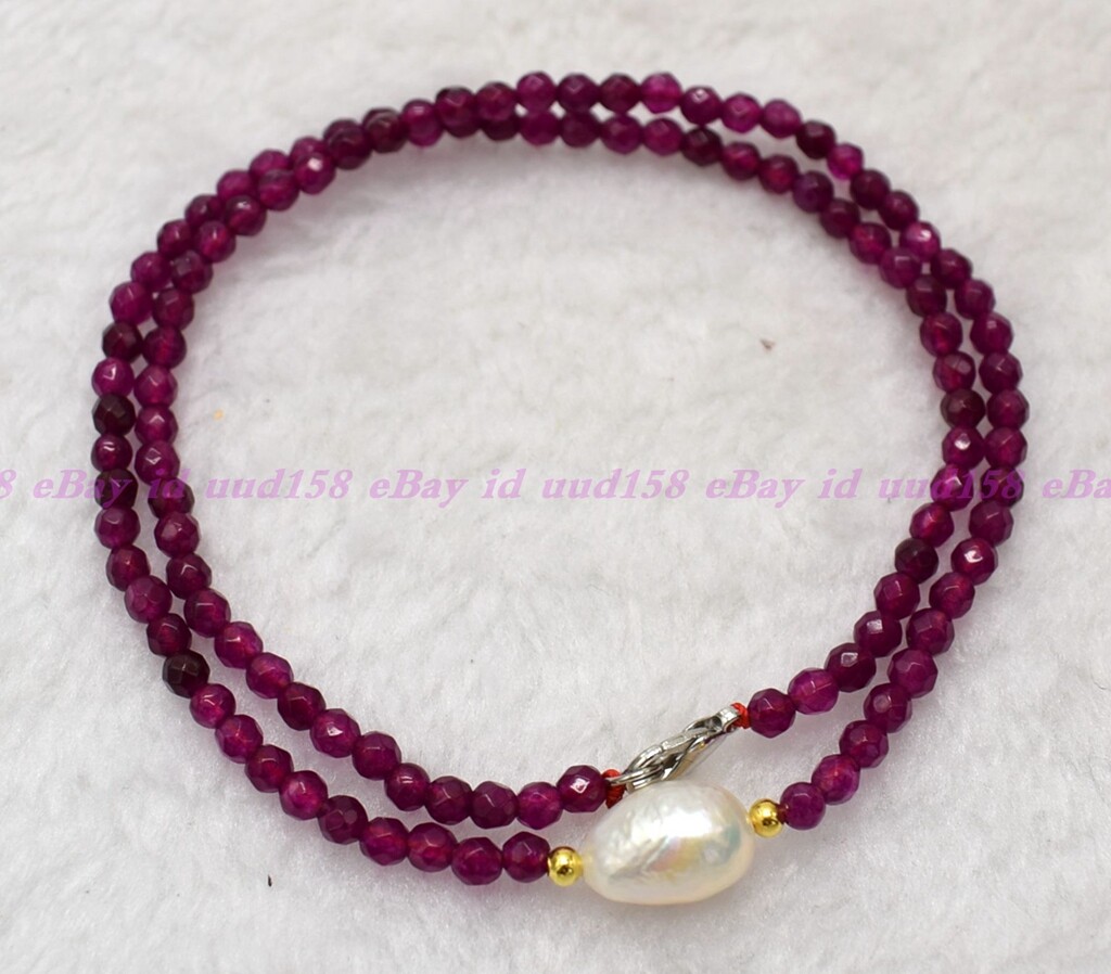 Faceted 4mm Dark Rose Red Jade Roundelle Gems White Pearl Necklace 16-28” AAA