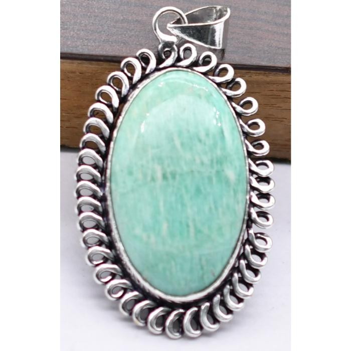 Amazonite Natural Gemstone Antique Silver Plated Pendant 2.25″ J624