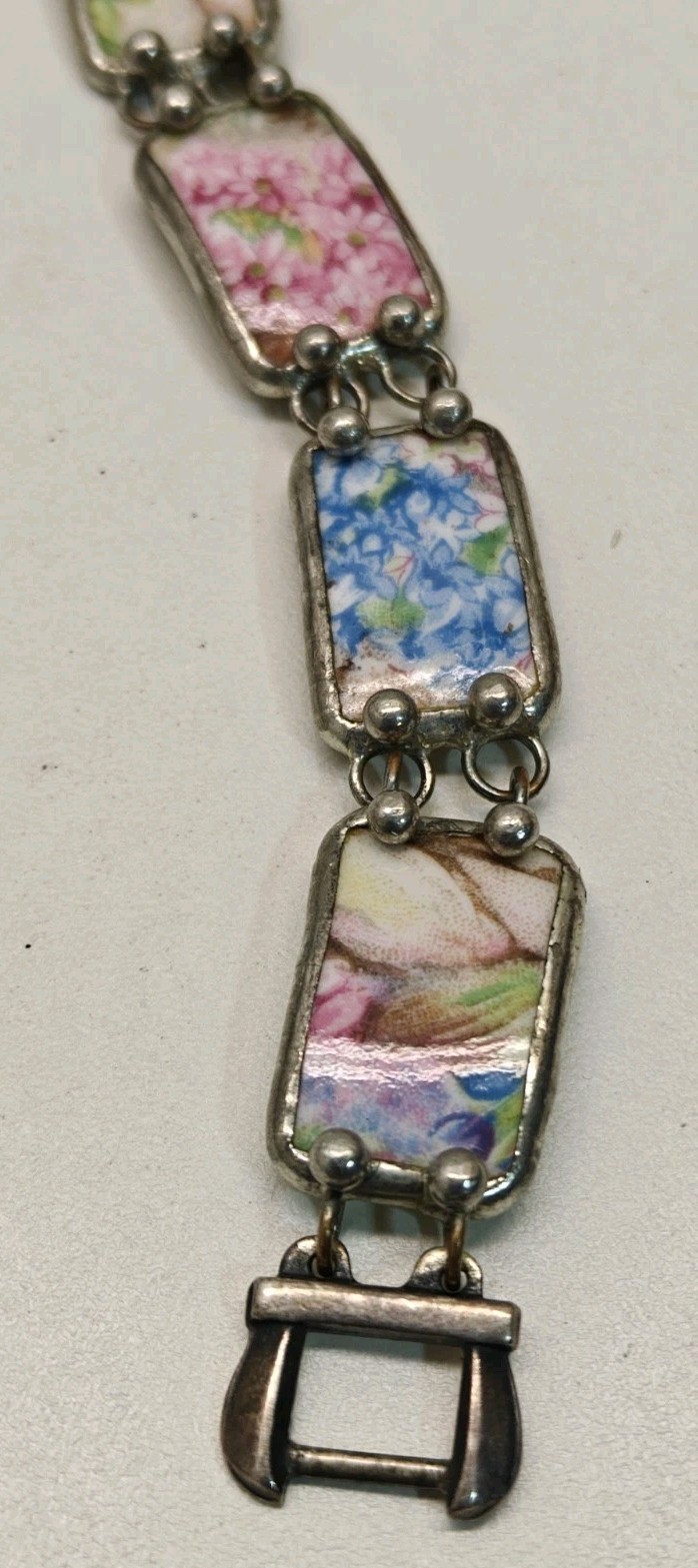Custom Hand Soldered Artisan Broken China Chintz Bracelet 7.5 Inch