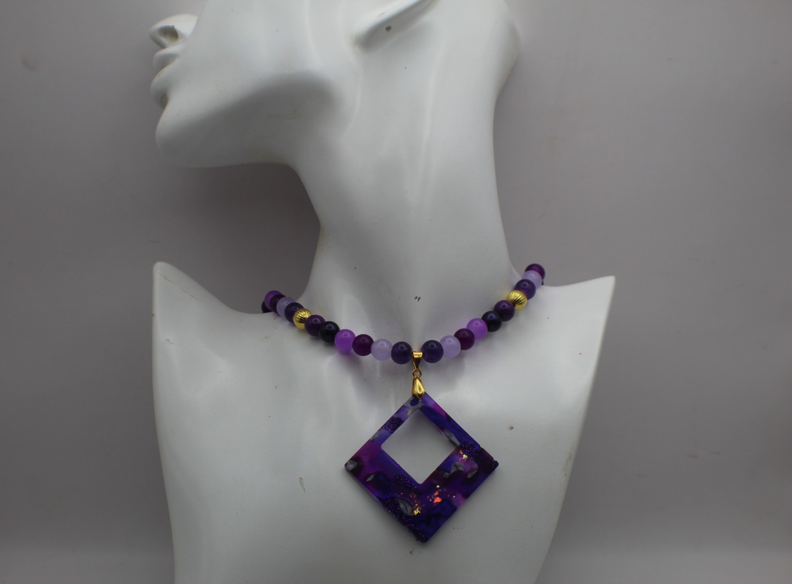 Fifty Shades Of Purple Resin Pendant On A Matching Beaded Chain