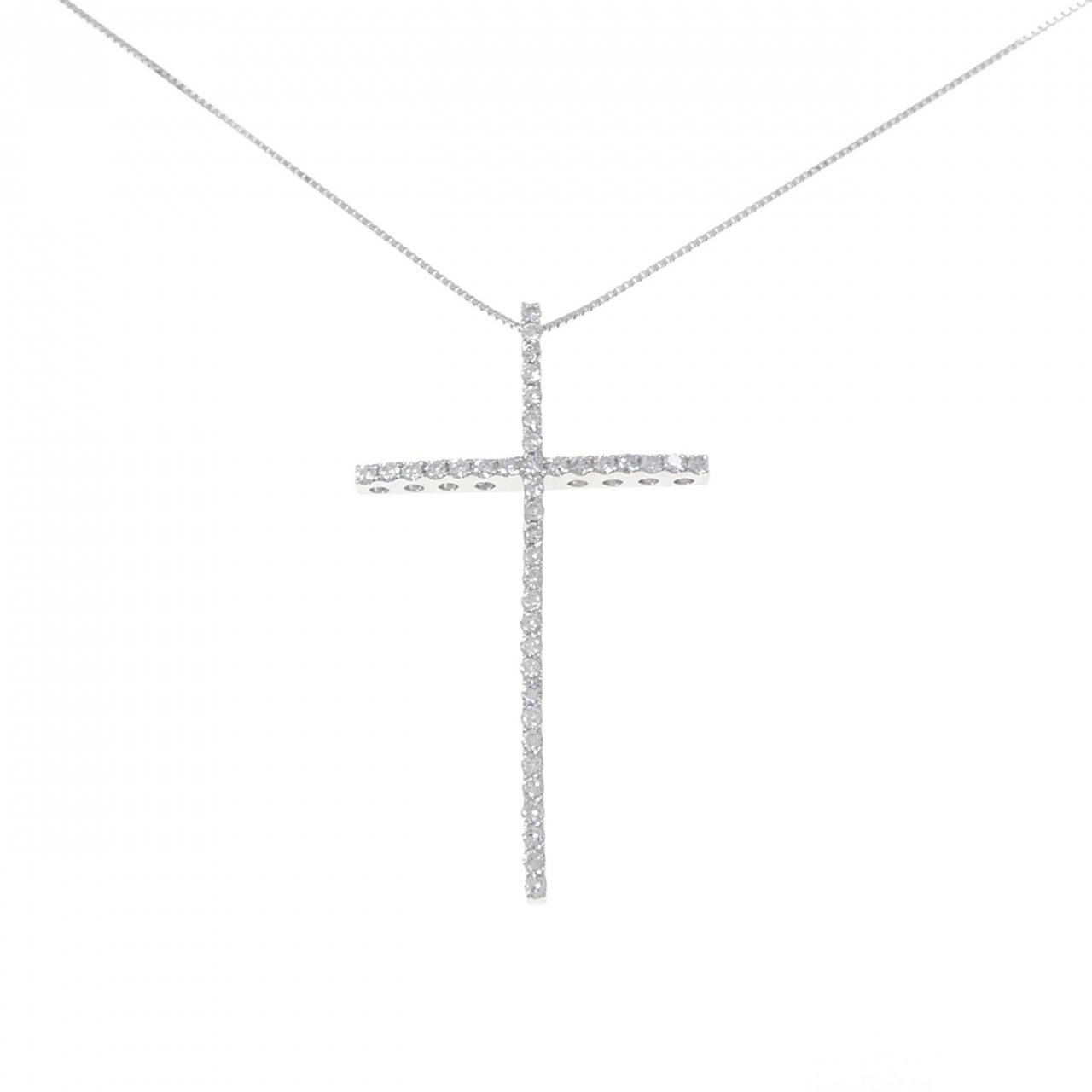 Authentic K18WG Cross Diamond Necklace 1.01CT #270-004-157-7988