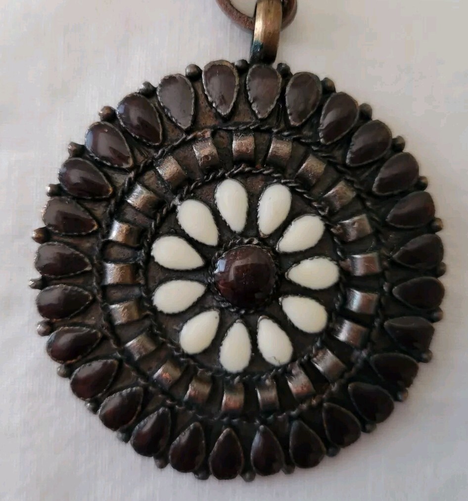 Copper Enamel Round Pendant White Brown Necklace Leather Metal Chain Boho Hippie