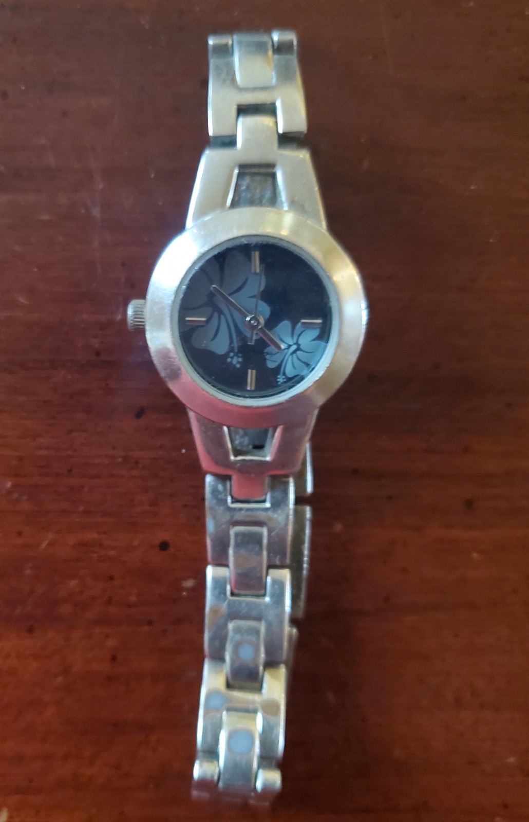 PANAMA JACK ‘Surf Girl’ Watch Vntg – Blue Flowers, Silver Link Band – Not Tested