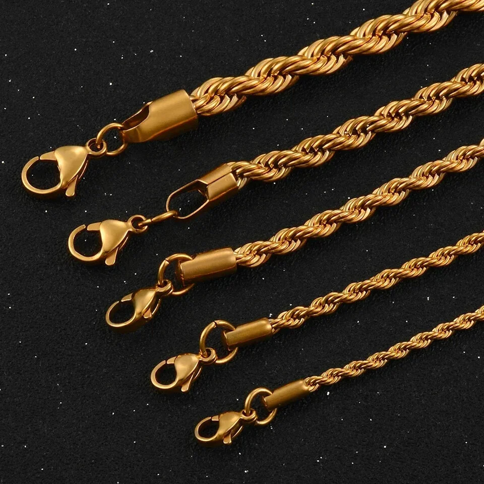 Twist Rope Chain Necklace For Men Women Gold Tone Stainless No Fade Statement
