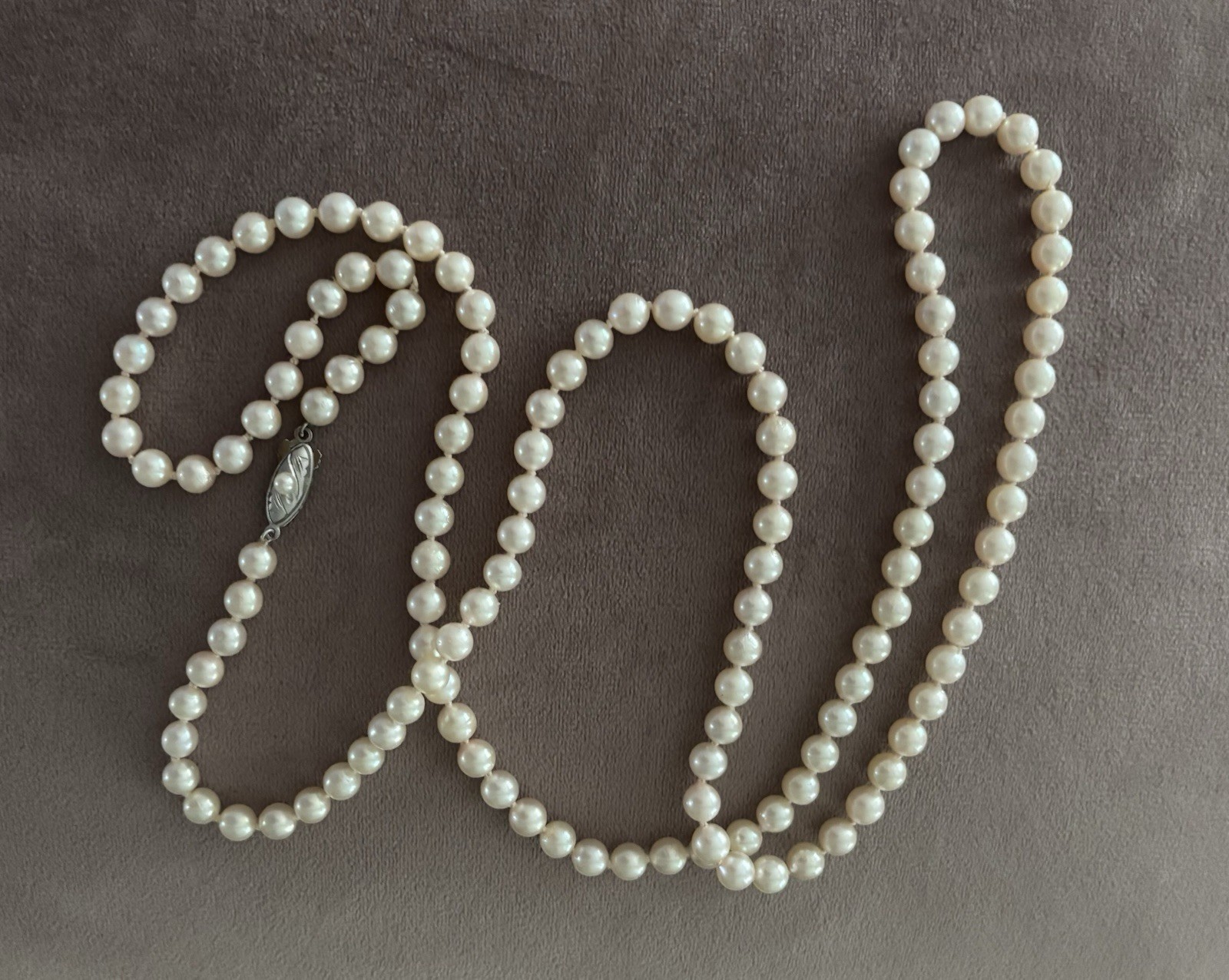Vintage Akoya Pearl Necklace Silver Clasp 6mm 35” Opera Length Creamy Hue