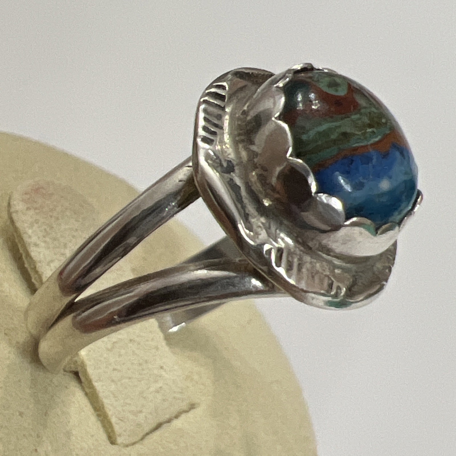 Vintage HT Native American Rainbow Calsilica Ring Sz 8 Sterling Signed Stamped