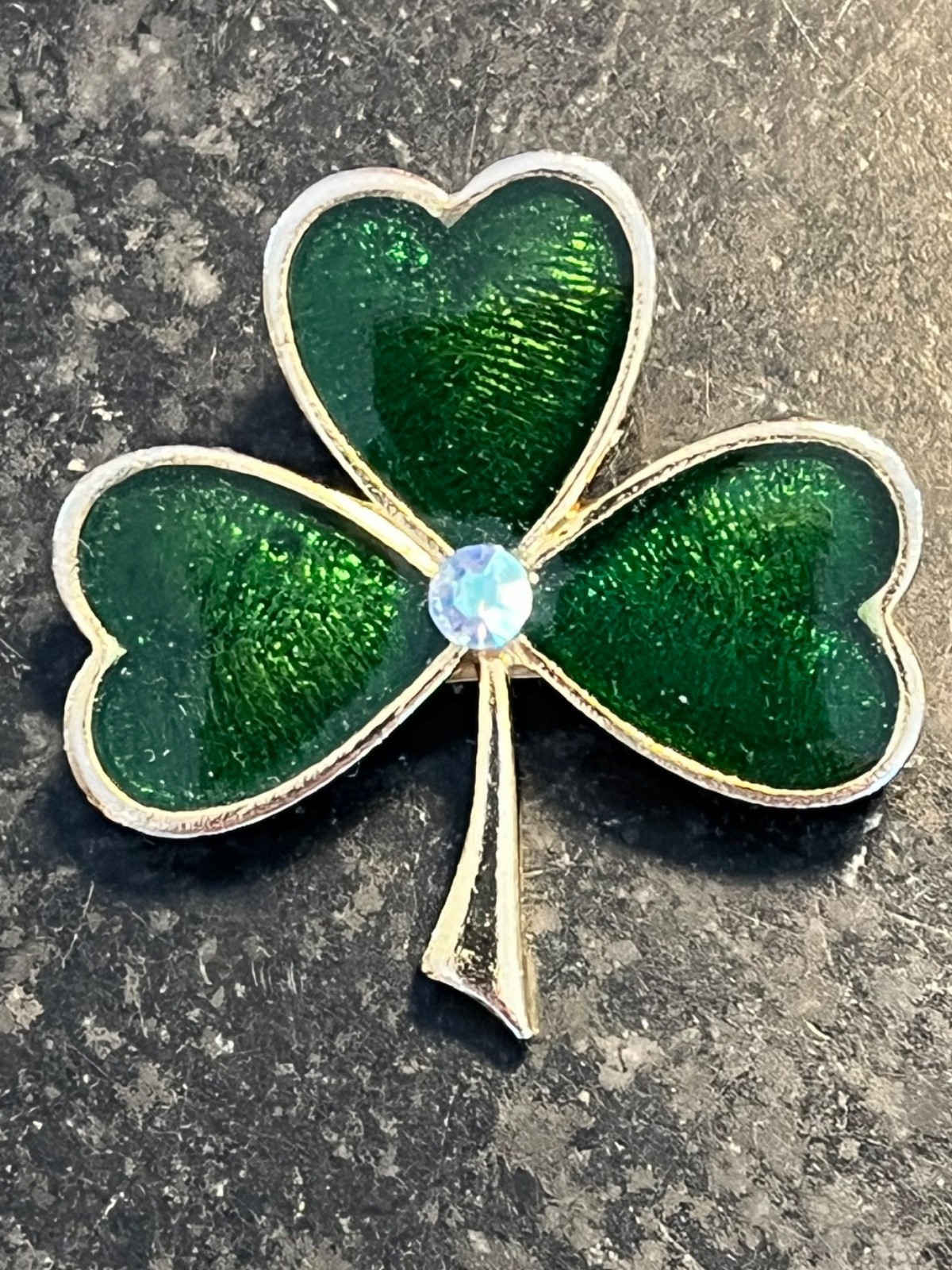 Cute B.J. Green Enamel Shamrock Pin w/AB Rhinestone Center 1.25″x1.25″